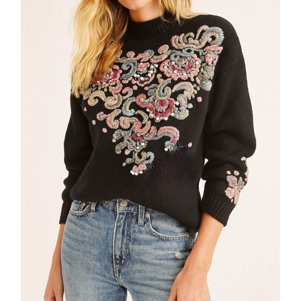 Vintage 80s 90s Boaz Embroidered Beaded Sweater Black‎ 55%Ramie/Cotton SZ- Large